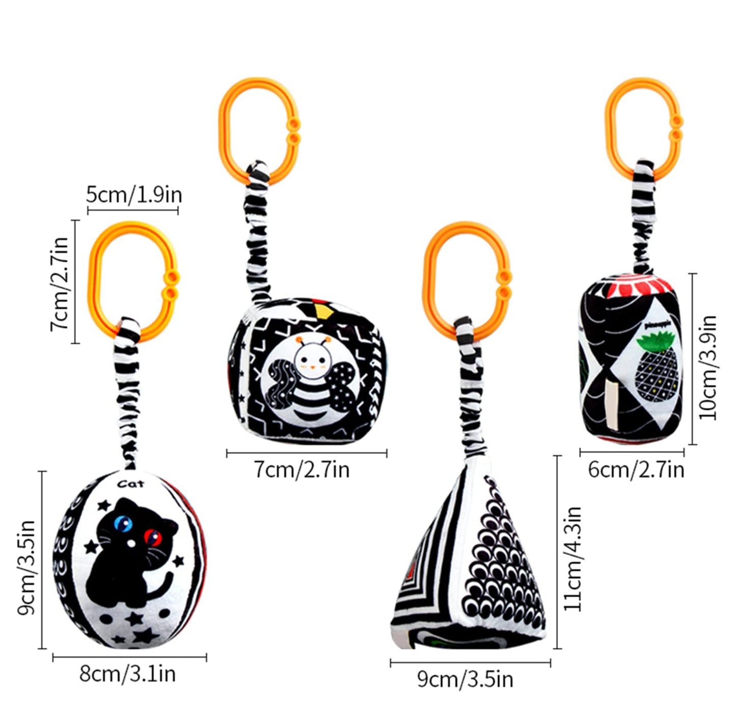 KAKIBLIN Baby Hanging Rattle Toys, 4 Pack Black and White Car Seat Baby Toys Soft Squeaky Stroller Toy for Babies Montessori Sensory Toy 0-12 Months for Newborn Infant, White and Black