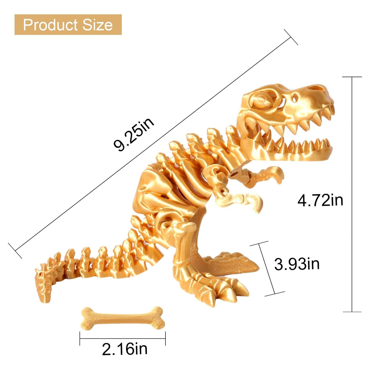 FunisFun 3D Printed Dragon with Articulated Bones for Adult, 3D Printed Dinosaur Fidget Toys Decor for Stress Relief (Gold, 1P)