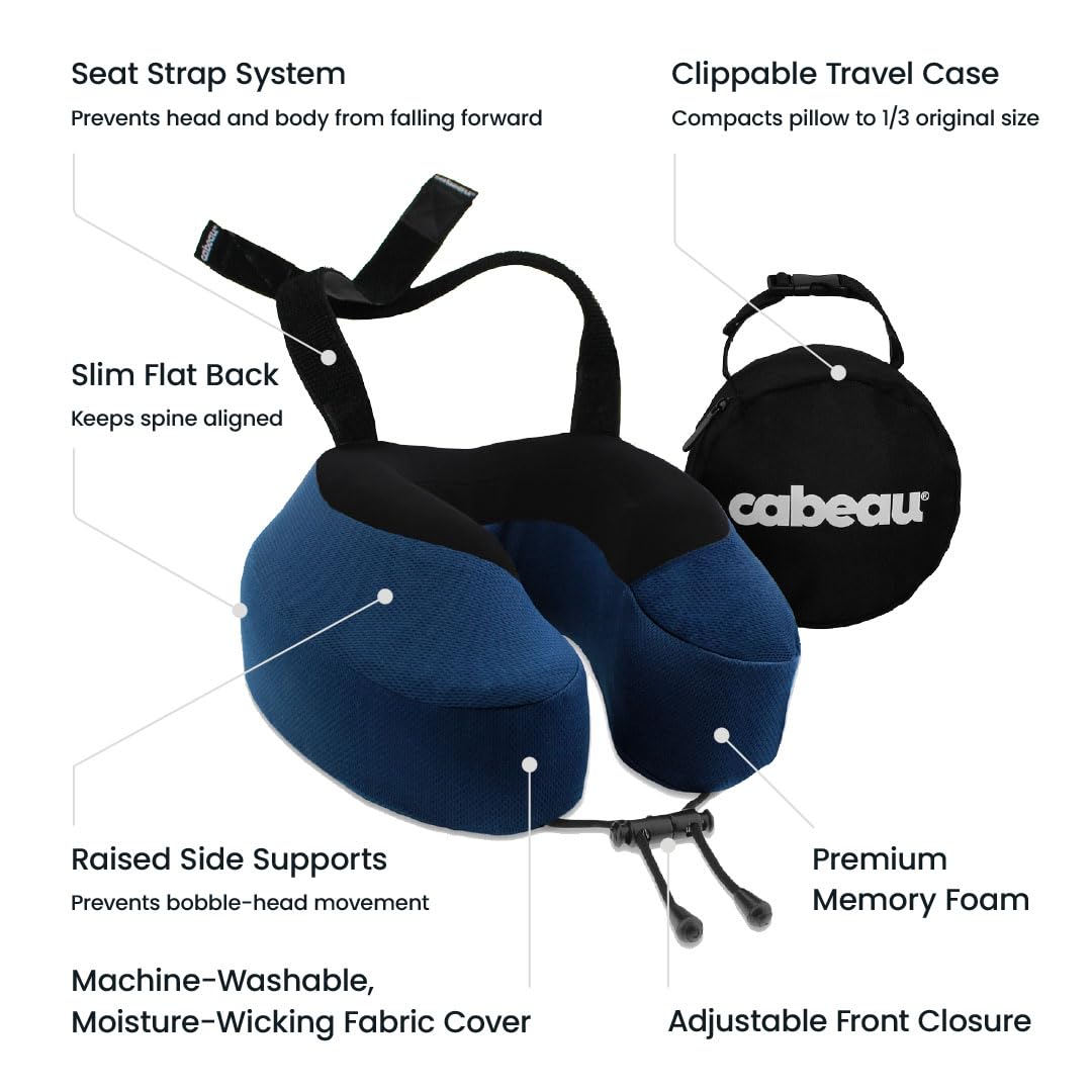 Cabeau Evolution S3 Travel Pillow – Straps to Airplane Seat – Ensures Your Head Won’t Fall Forward – Relax with Plush Memory Foam – Quick-Dry Fabric Keeps You Cool and Dry (Indigo)…