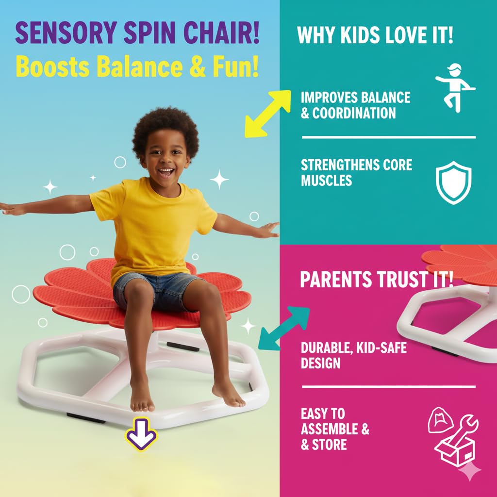 KYZDZQ Spinning Chair for Autistic Kids,Sensory Swivel Chair, 220LBS Weight Capacity, Sensory Toy for ADHD & Autism 3-6 Years Children,Training Body Coordination, Metal Base Non-Slip Design (Orange)