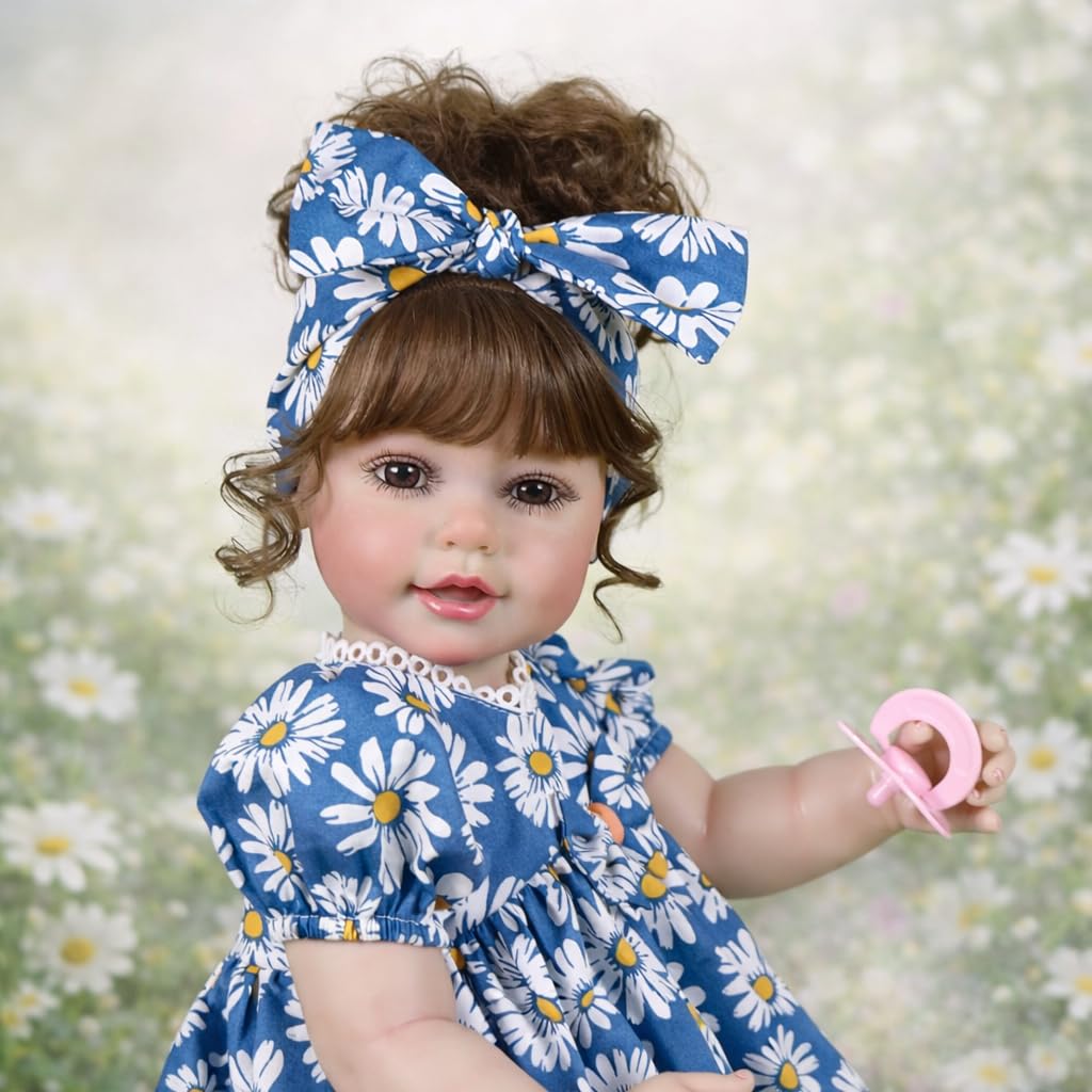 Sweet Daisy Dreams Reborn Toddler Doll – 22” Lifelike Poseable Doll with Rooted Brown Hair, Soft Full Vinyl Body & Daisy Outfit – Includes Pacifier, Bottle & Accessories – Ages 3+