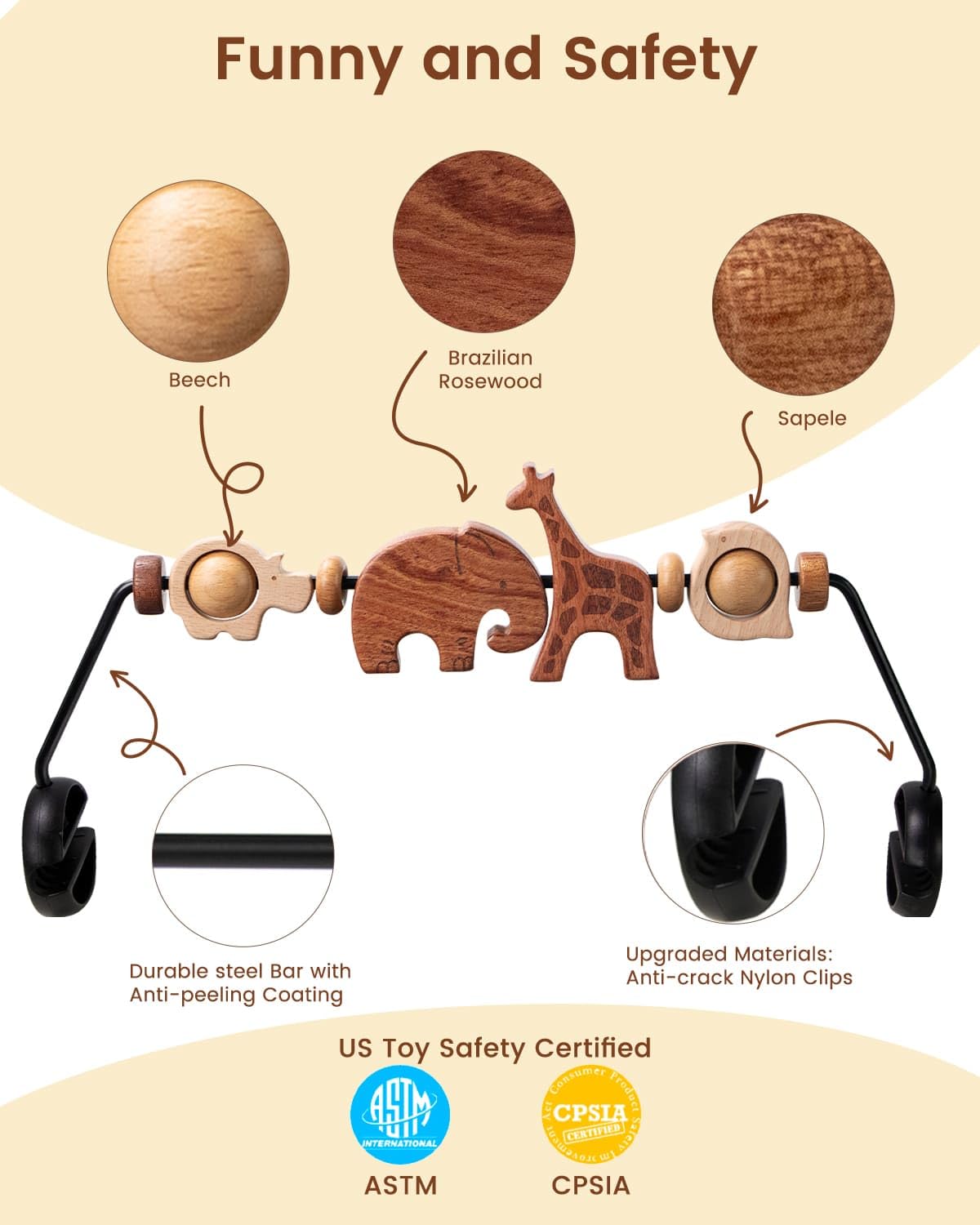 TinlyFinly Baby Bouncer Toy Bar Wooden Compatible with Baby Bjorn, Bouncer Toy Attachment Tight and Secure Fit, So Fun to Watch, Touch and Spin for Babies All Ages - Animals