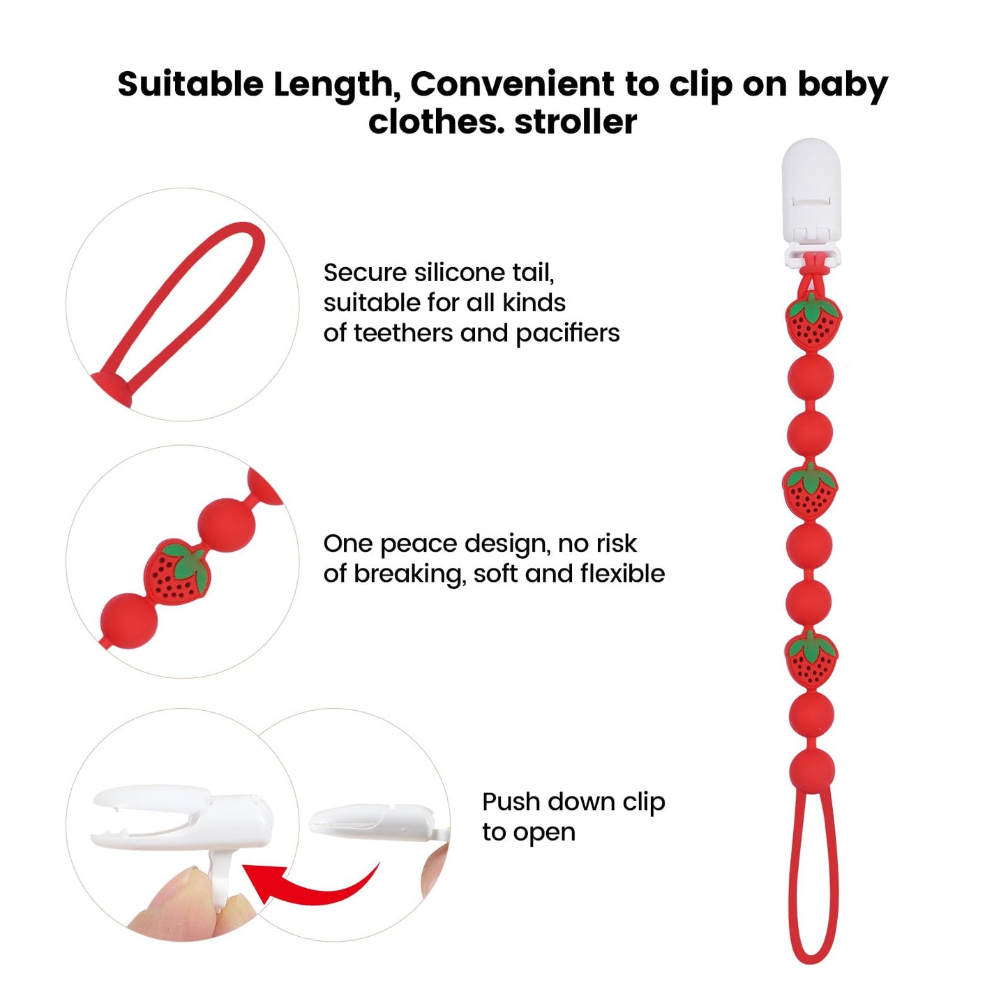 Cute Animal Baby Food Grade Silicone Teether Toy with One Piece Design Pacifier Clip Holder,Teething Pain Relief Toys Gift Set for 3 Months+ Boys and Girls,Freezer Safe,BPA Free (Strawberry)