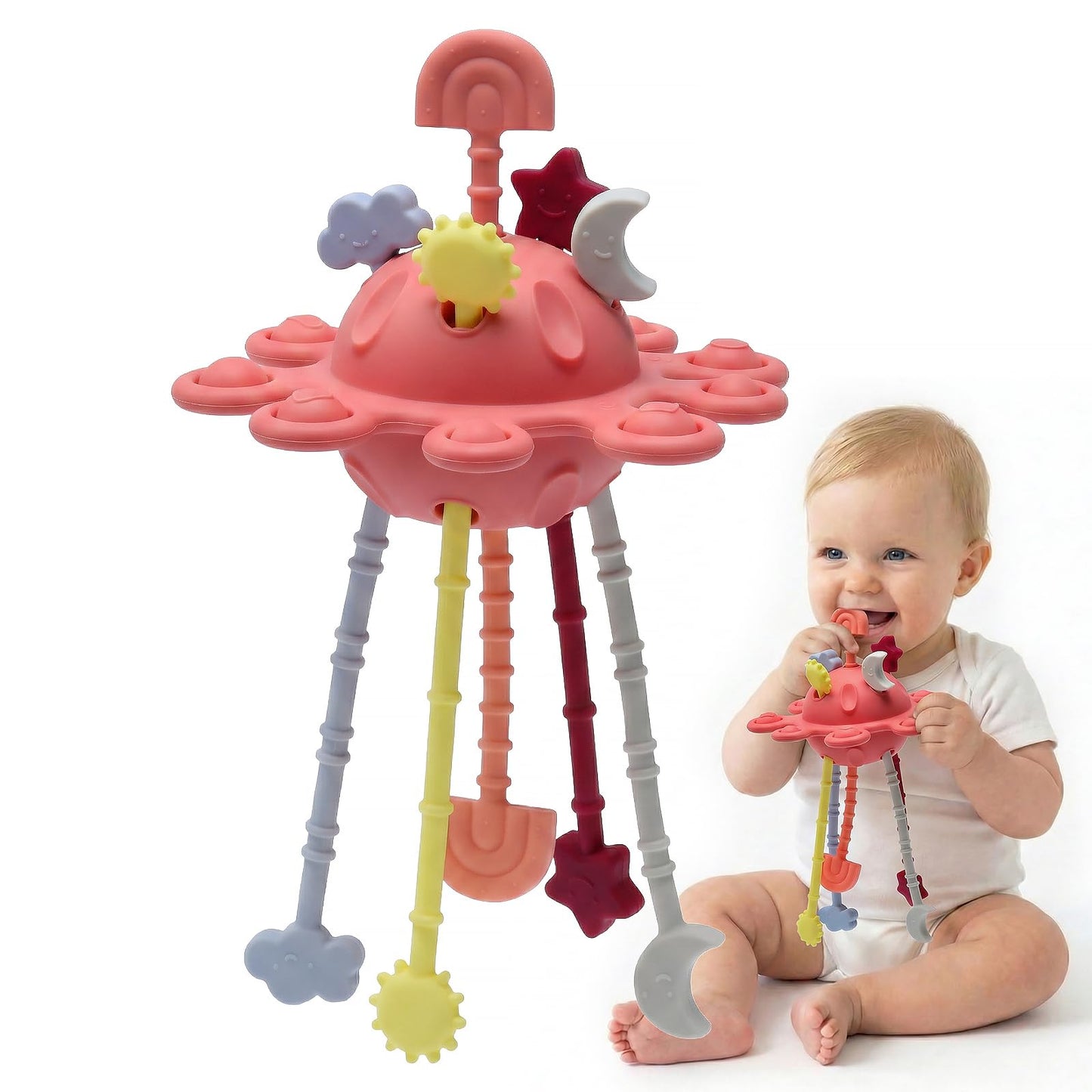 Silicone Baby Sensory Pull String Toy for 18+ Months, Montessori Toys for Toddlers, Sensory Activity Travel Toy for Airplane Car Seat Stroller, Fine Motor Skills Early Learning Gift (Peach Pink)
