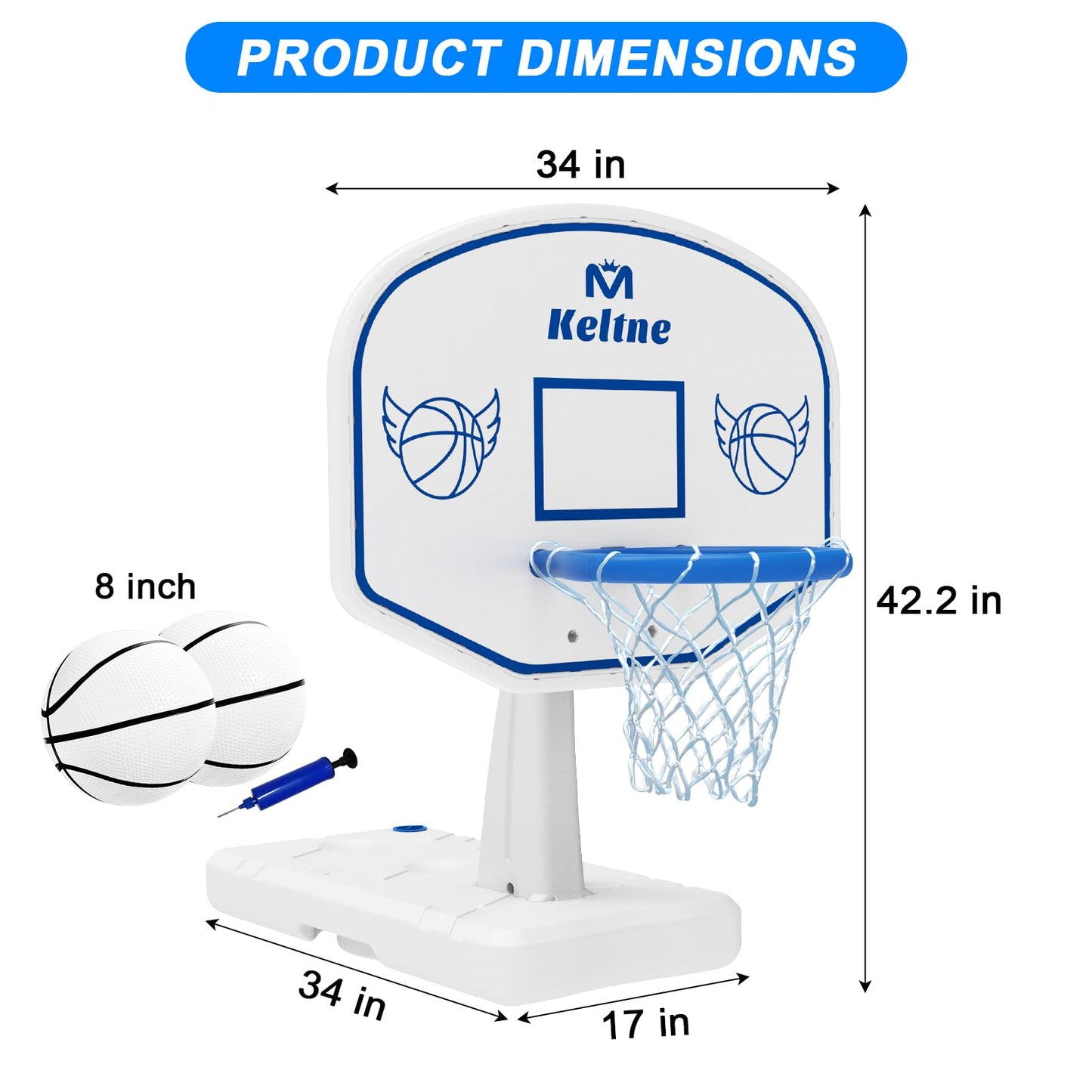 Solar Pool Basketball Hoop with Lights, 34"x34"x42.2" Oversized Swimming Pool Toys with 2 Balls/Pump for Poolside Water Basketball Game, High Brightness LED Poolside Basketball Hoop for Kids & Adults