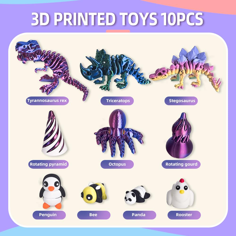 10PCS 3D Printed Animals Toys, Includes Dinosaur Fidget Toys, Impossible Cone Keychain, Spiral Cone Fidget, Mini Vortex Thread Illusion Desk Decor, Fun Desk & Play Toys for Kids,Easter Basket Stuffers