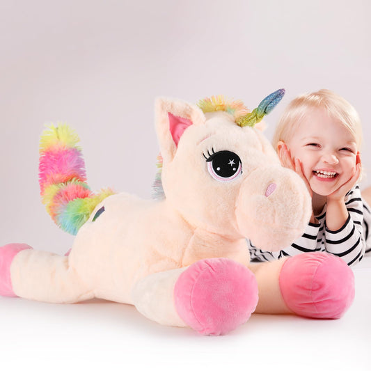 Tezituor 32in Unicorn Plush Toys,Beige Giant Unicorn Stuffed Animals,Lovely Plushies Birthday Decorations for Girls,Big Unicorns Gifts for Children