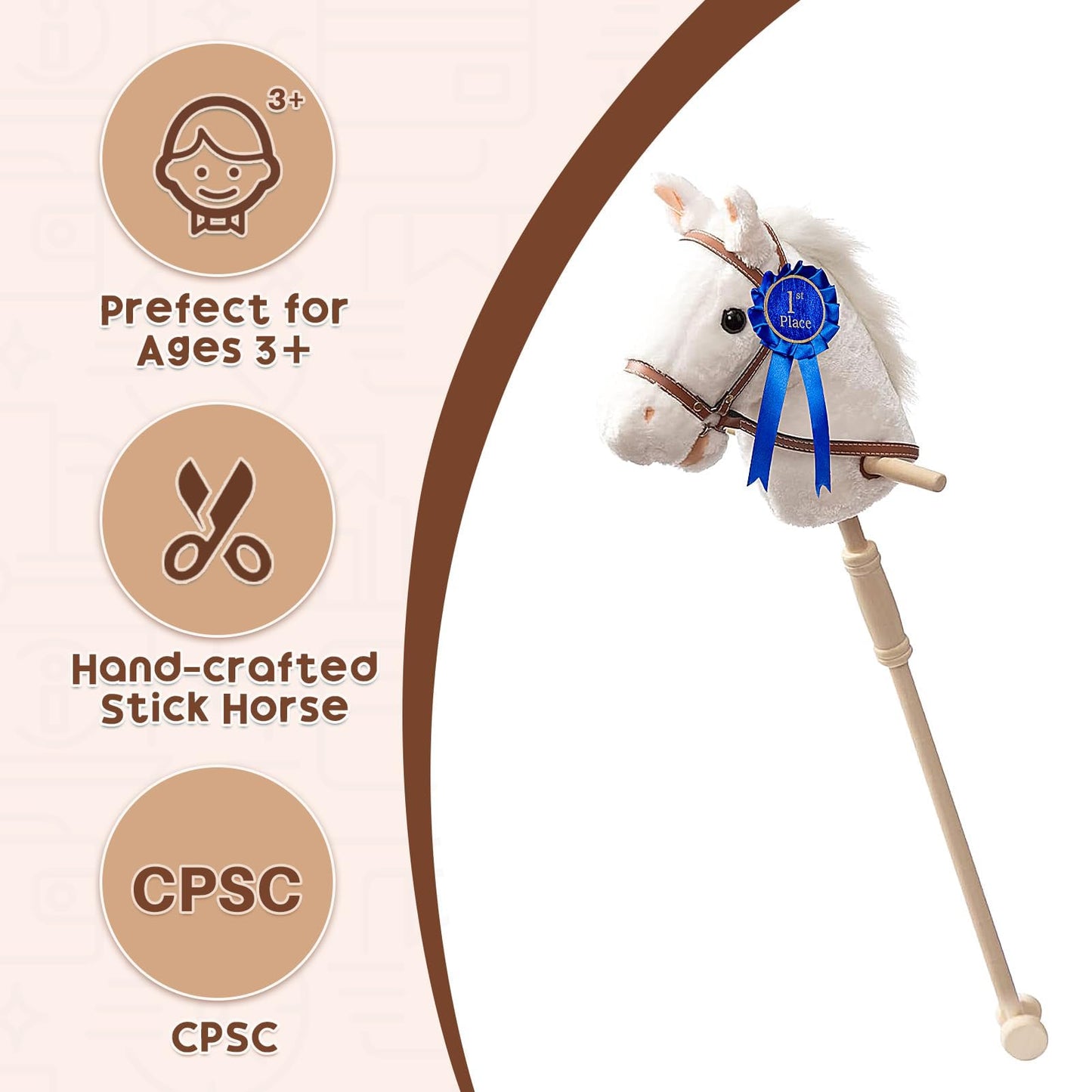 HollyHOME Stick Horse Plush with Detachable Blue Ribbon Champion Hobby Horse on Stick with Wood Wheels Real Pony Neighing and Galloping Sounds for Kids Toddlers White 36 Inches(AA Batteries Required)