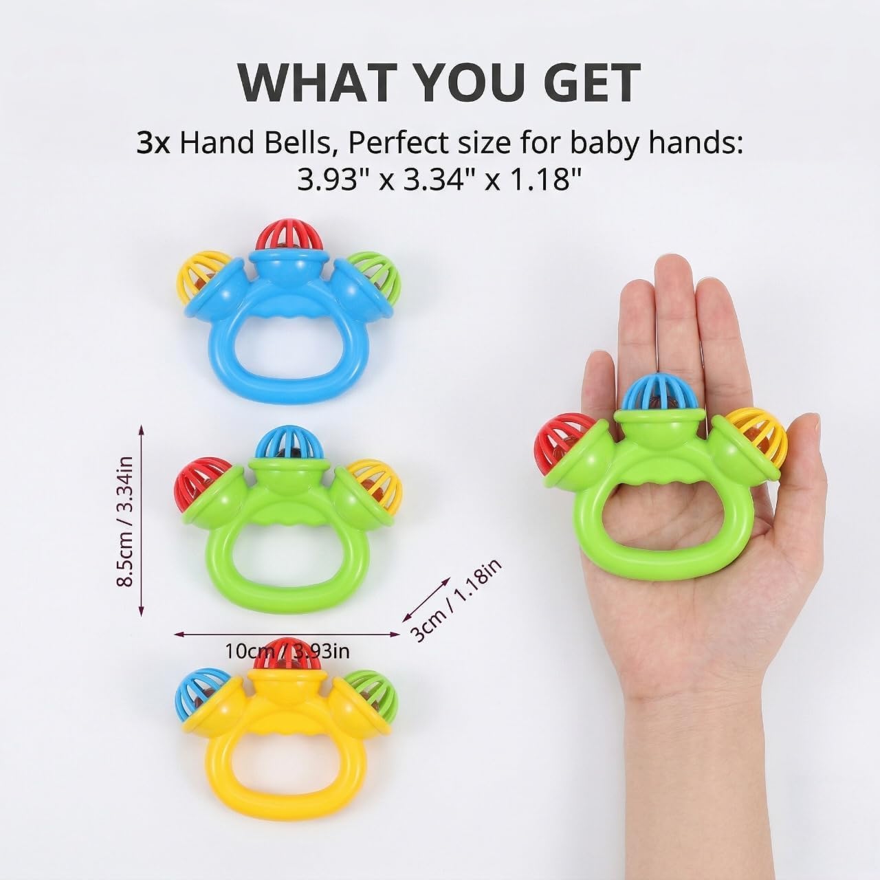 BESTonZON 3Pcs Baby Musical Rattle Toy, Plastic Handheld Jingle Sleigh Bells for Toddlers, Percussion Rhythm Shaker, Soothing Sensory Toys for Kids