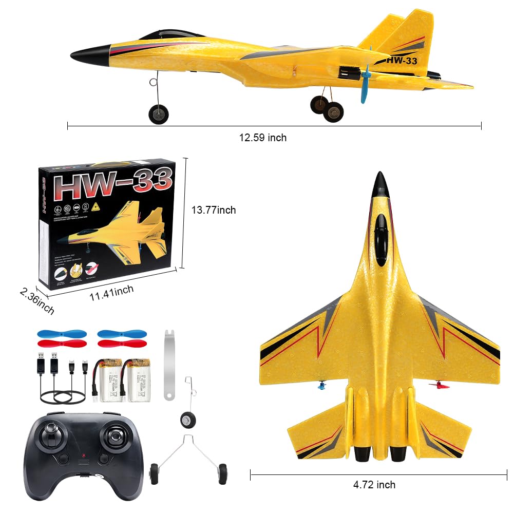 SU-27 RC Airplane,2.4GHz 2 Channel Remote Control Plane with Gyro Night Lights and 2 Batteries, Easy to Fly for Adults, Beginners and Kids Yellow Toy