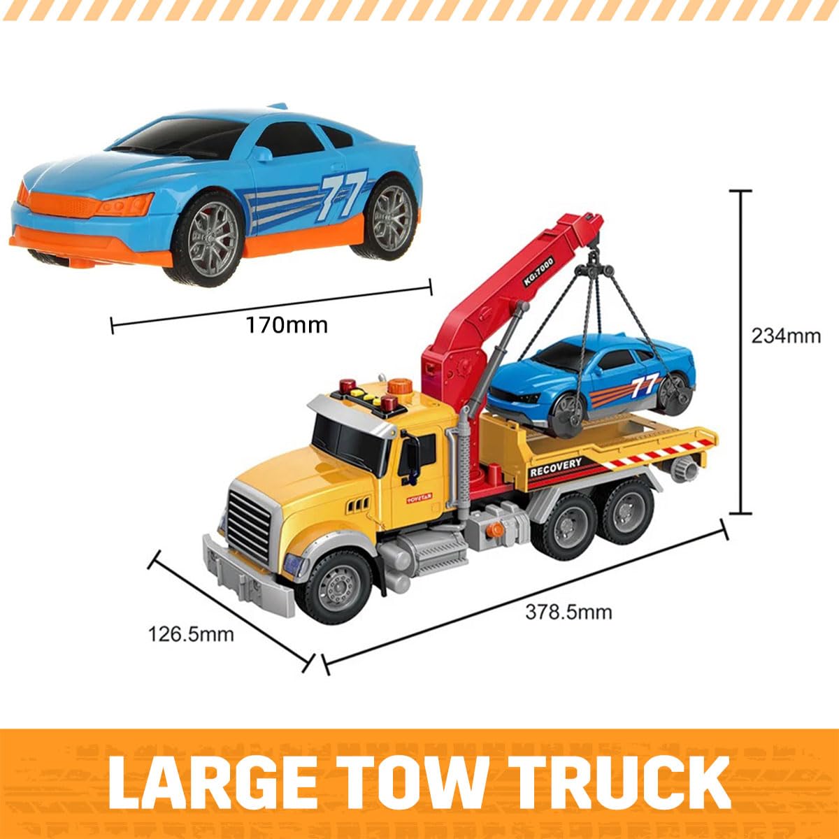 MAJCL 15" Large Tow Truck Toy,Friction Powered Transport Truck Crane Toy with Lights and Sounds,with Roadster,Kids Toys for 3 4 5 6 7 Years Old Boys Girls Gifts