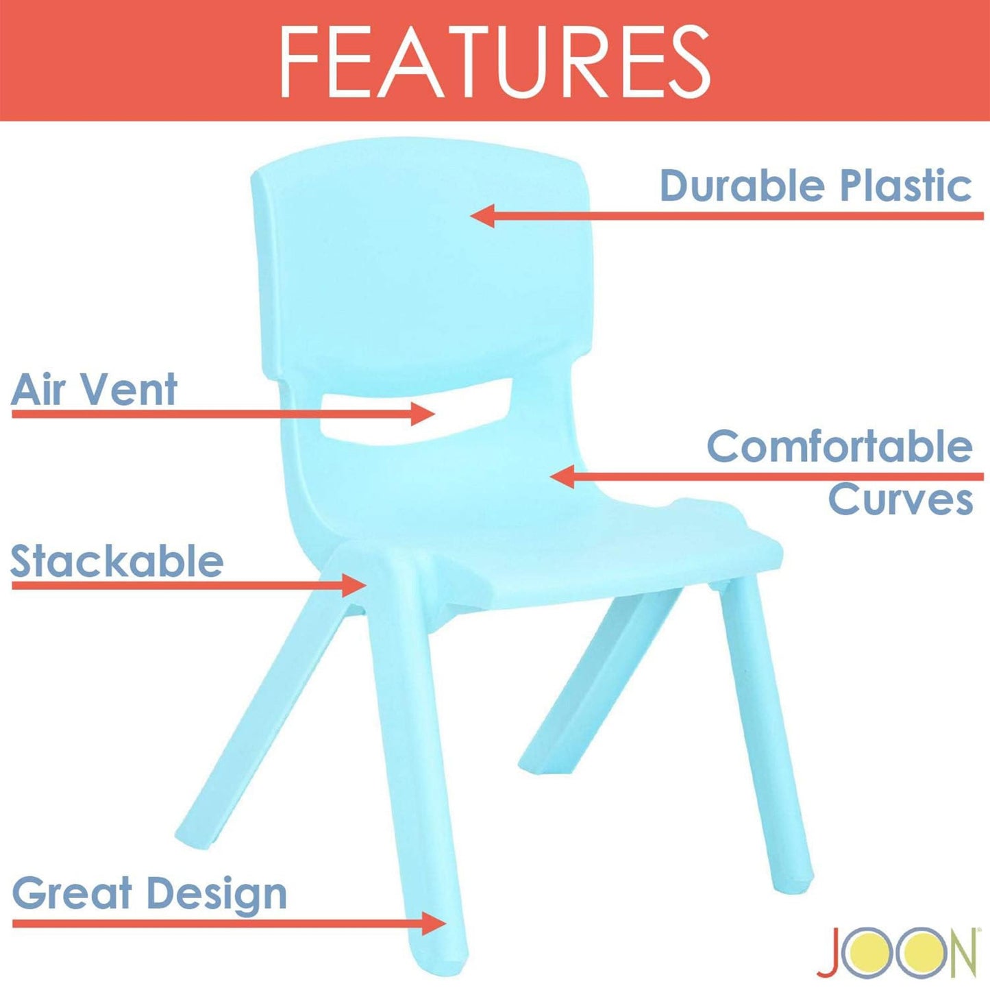 JOON Stackable Plastic Kids Learning Chairs (10 Pack), 20.8x12.5 Inches, The Perfect Chair Sets for Playrooms, Schools, Daycares and Home, Colorful Design, 10.5 Inches Seat Height, Baby Blue