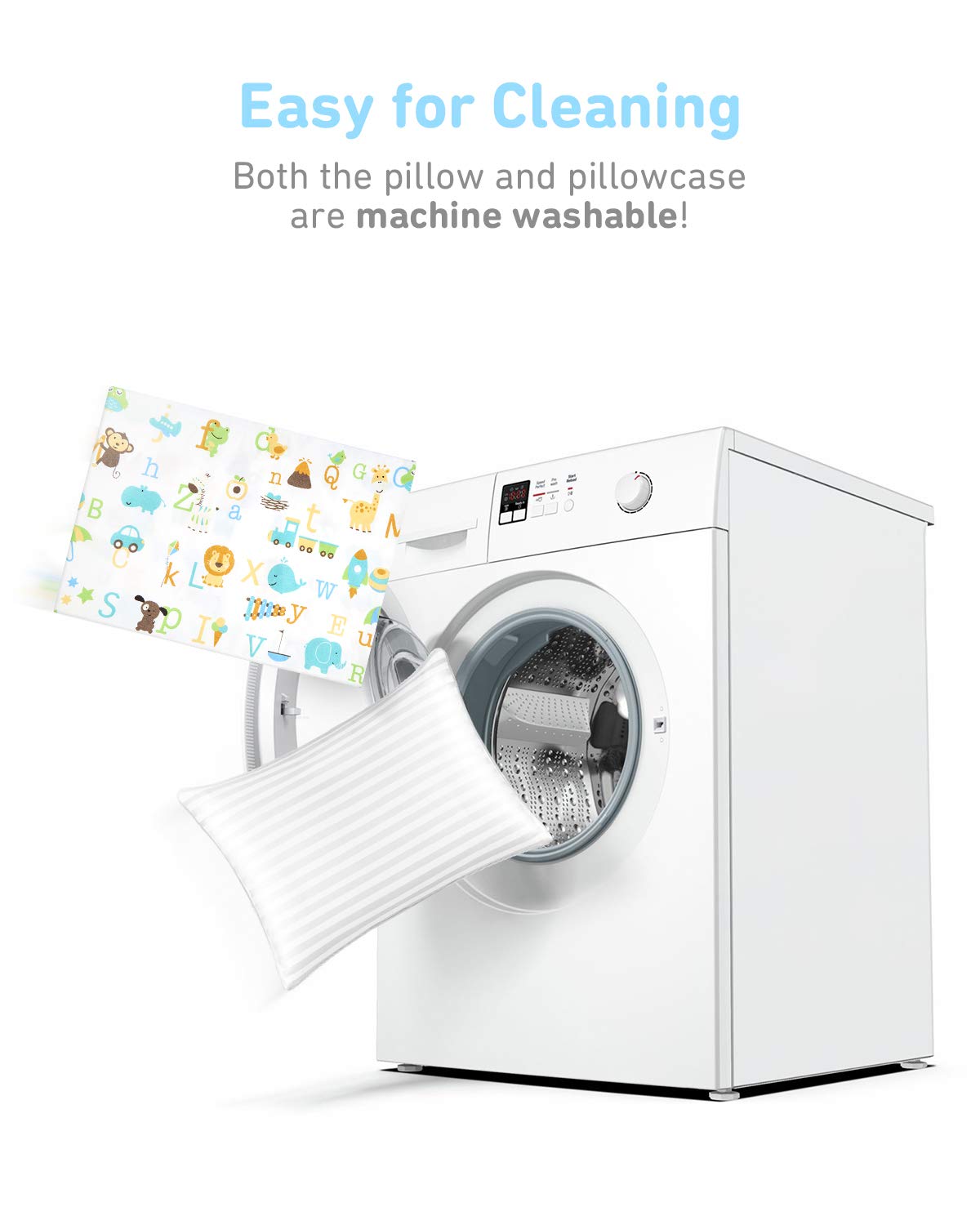 Babebay Toddler Pillow,13 x 18 Kid Pillows for Sleeping, Machine Washable Kids Pillow with Soft Cotton Pillowcase, Perfect for Travel, Toddlers Cot (Animal Letters)