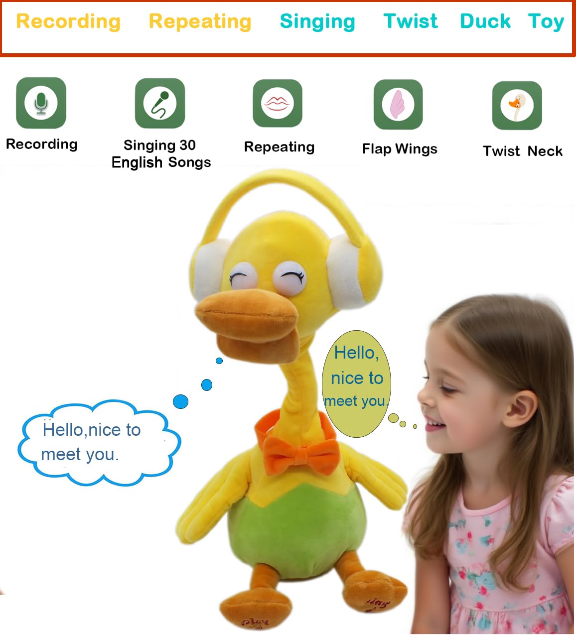 Talking Duck Toy Mimicking Recording Plush & Interactive Toy ，With Twisting Neck and Flapping Wings, Repeating What You Say，Singing, Recording, for Kids Gift for Boy & Girl（Headphone Duck Toy).