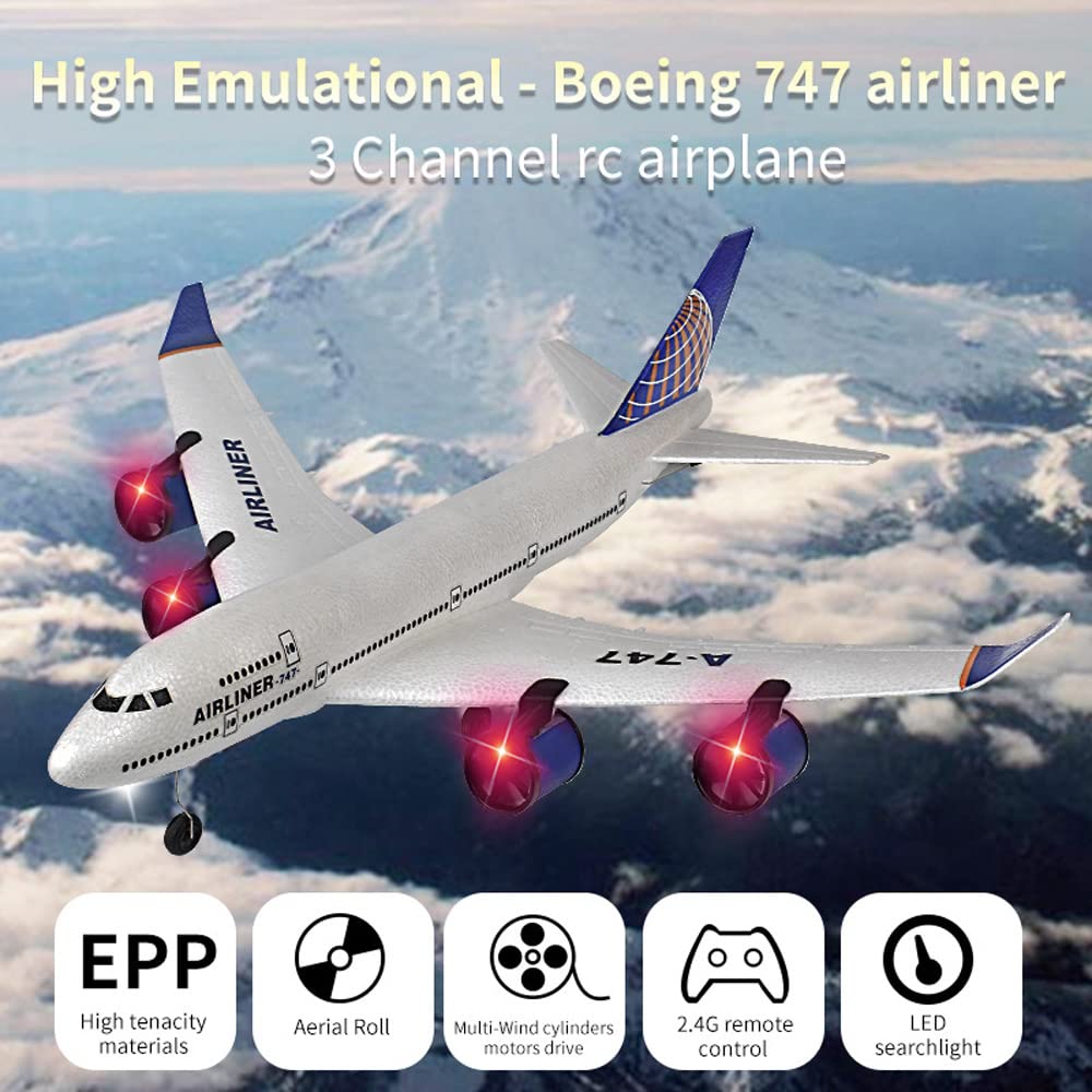 SSBHDM RC Plane Simulation A-747 Passenger Aircraft 2.4GHZ Rc Aircraft Glider, 360° Rollover Automatic Gyroscope Balance Airplane, 3-Channel Fixed-Wing RC Drone Toy with LED Searchlight