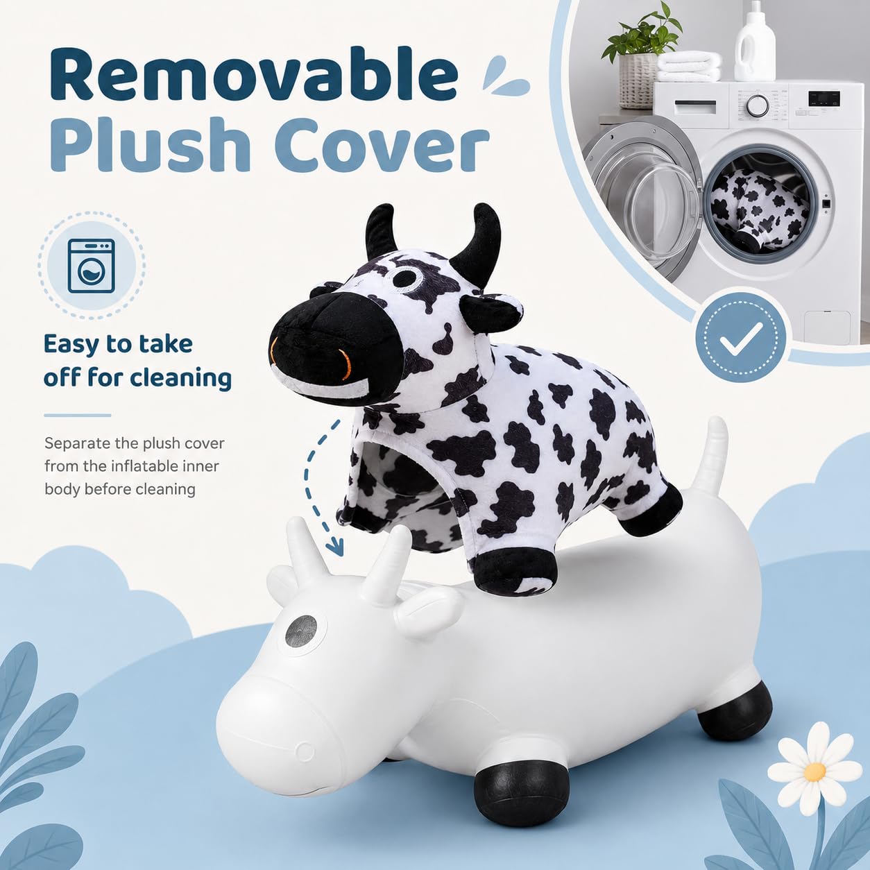 THXKNJ Hoppity Cow Inflatable Hopper with Pump, Plush-Covered Bouncy Animal Ride on Bouncer for Toddlers & Kids, Jumping Cow Hopping Toy Birthday Gift for Boys Girls 18 Months to 6 Years Old