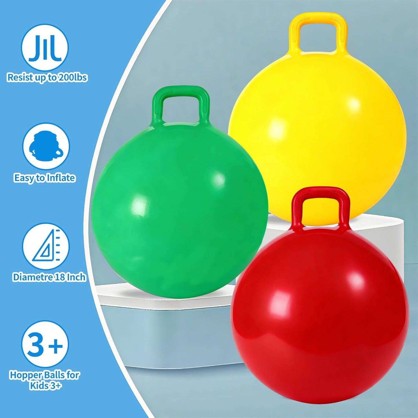 3P Bouncy Balls with Handle, 18in/45cm Sit And Spin Hopper Ball for Kids,Inflatable Jumping Ball Toy with Pump,Indoor Outdoor Fun Toys for Kids Ages 3-8,Great Gift for Birthday (Bouncy Ball-45cm)