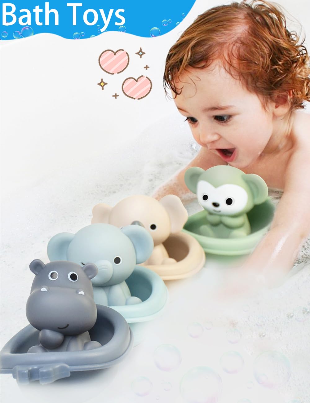 Auvitaya Baby Bath Toy Stackable Infant Bathtub Toys Stacking Floating Boat Train with Animal Finger Puppets Bath Toy Silicone Hand Puppet Educational Beach Toys for Babies Toddlers Party Favors
