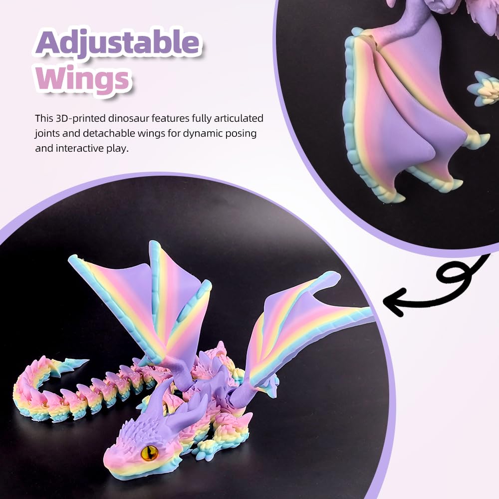 WUQIREN 3D Printed Dragon with Wings, 3D Printed Animals Toys, Fidget Dragon Toys, Flexible Articulated Winged Crystal Dragon Model, Desktop Pet Decor, Dragon Gift for Kids & Adult (Random-Rainbow)