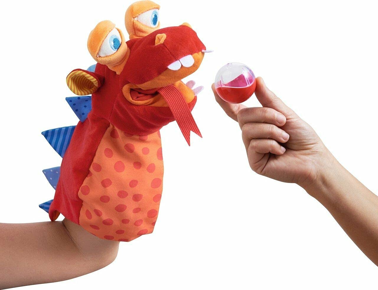 HABA Glove Puppet Eat it Up Dragon - Hand Puppet that Eats Small Objects, Perfect Toddler Toys for Ages 18 Months+, Sensory Hand Puppets, Preschool Toys
