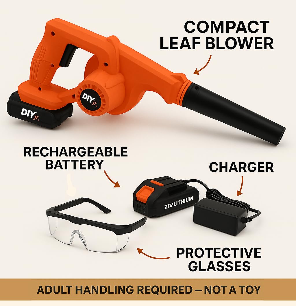 Mentor Me Cordless Leaf Blower for Kids - Real Working Youth Sized Blower with Safety Glasses - Parent-Led Learning Yard Tool - Durable Family Training Equipment, Adult Handling Required