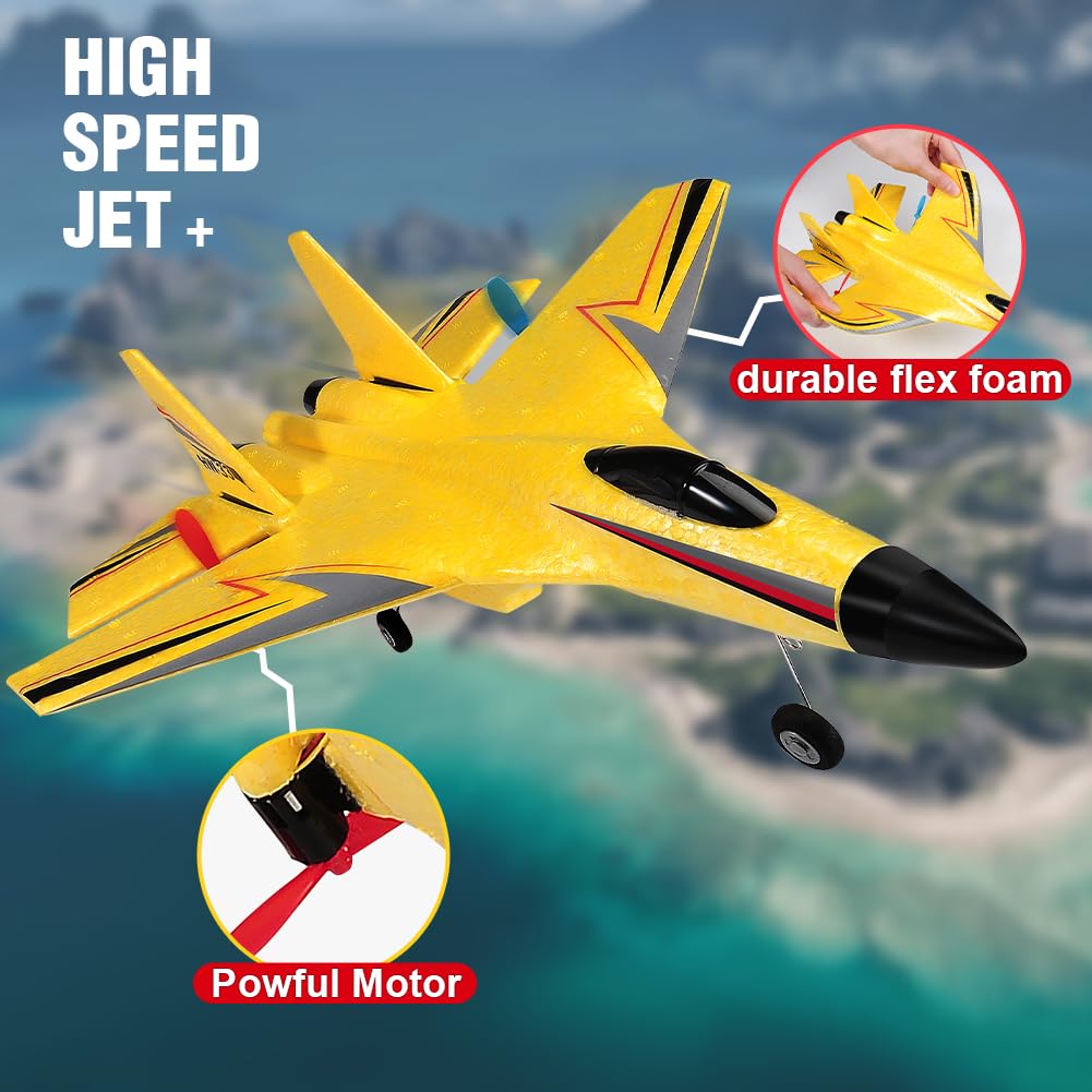 SU-27 RC Airplane,2.4GHz 2 Channel Remote Control Plane with Gyro Night Lights and 2 Batteries, Easy to Fly for Adults, Beginners and Kids Yellow Toy