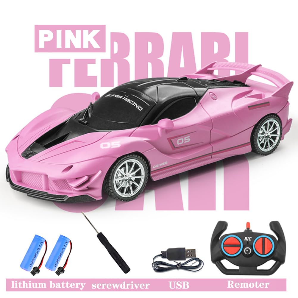 Yomwet Remote Control Car, Pink RC Cars for Girls, Rechargeable RC Racing, Electric Power On Road High Speed Drift Model Vehicle Toy with Led Headlight, Birthday for Kids Age 3+