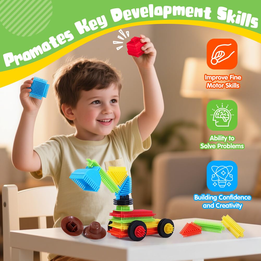 teytoy 200Pcs Building Blocks Toys, Bristle Shape Building Blocks Set STEM Interlocking Construction Learning Toys for Kids Ages 3+