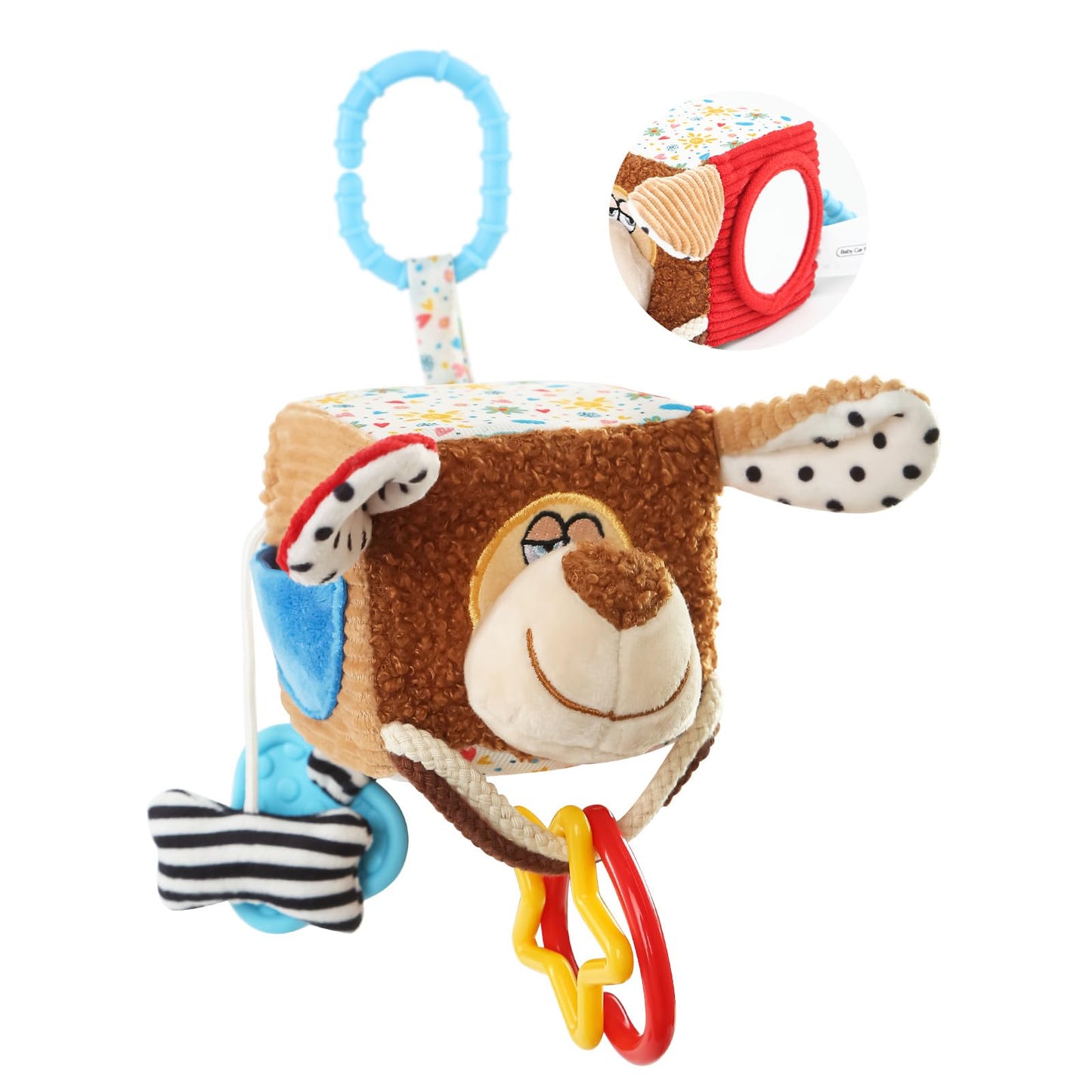 littlove Hanging Baby Toy Cube for Car Seat, Infant Sensory Toys 0-6-12 Month, Montessori Plush Toys for Plane Travel Game Activity with Crinkle, Squeaky, Textures, Mirror Nowborn Baby Boy Girl Gifts