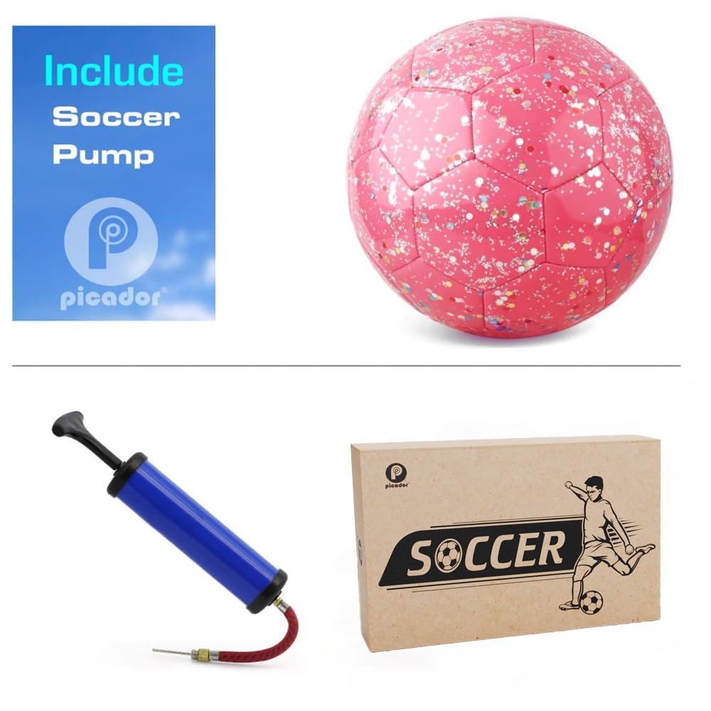 PP PICADOR Size 3 Soccer Ball Glitter Pink Soccer Balls for Kids Ages 3-6 6-8 8-10 Boys Girls Sports Training & Outdoor Play with Pump Gift