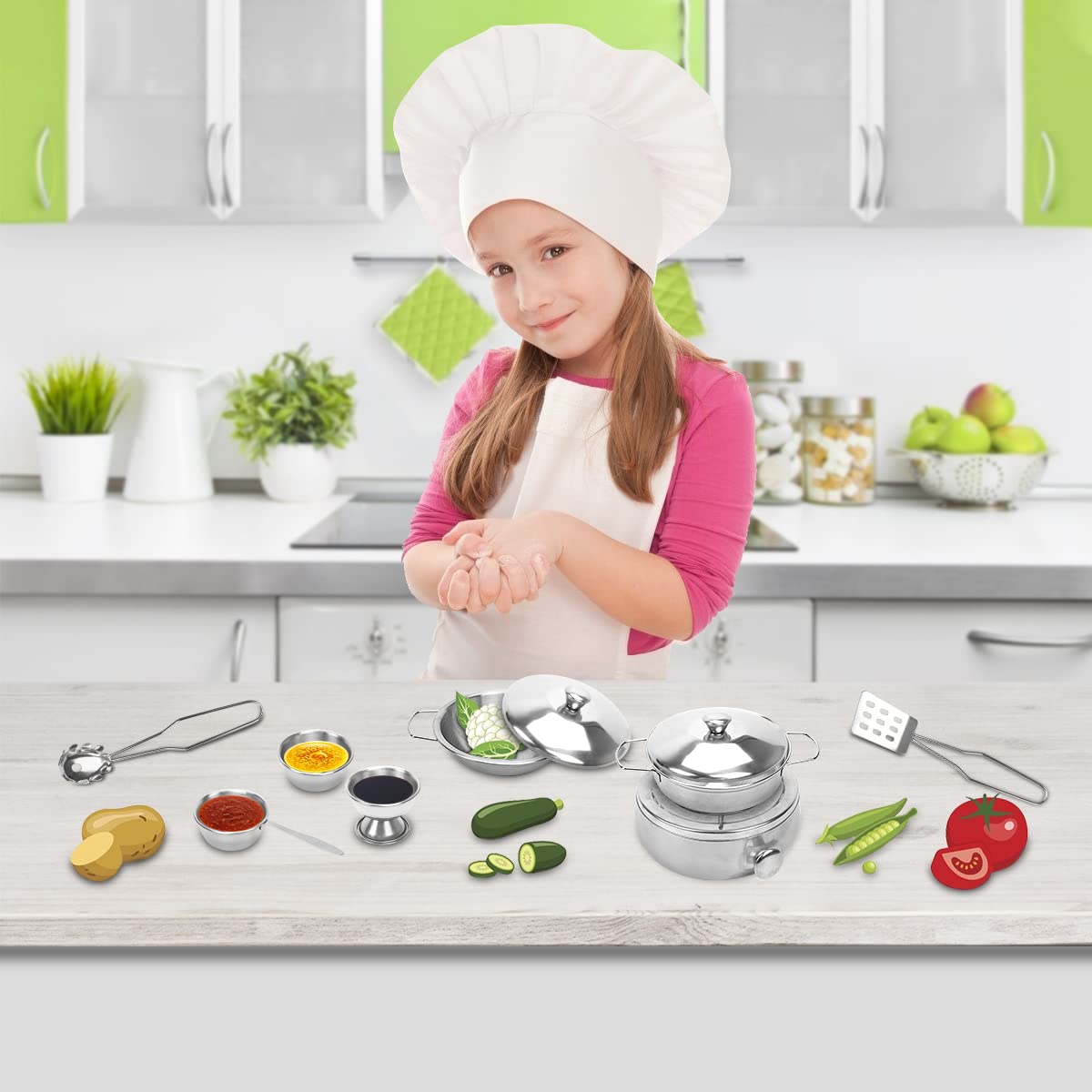 TekkPerry Kids Kitchen Pretend Play Toys, Cooking Toys Play Pots and Pans Set for Kids, 21pcs Small Stainless Steel Kitchen Cookware Kits Toys, Cookware Playset for Girls, Boys