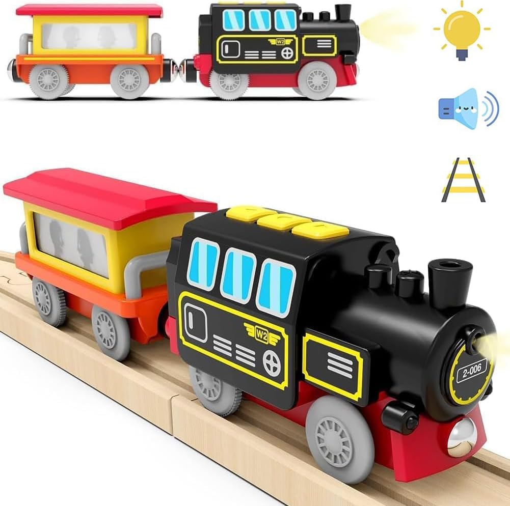 TOPLIVING Motorized Train Toys for Toddlers, Battery Operated Locomotive Train for Wooden Tracks, Trains Accessories Compatible with Thomas, Brio, Chuggington, Melissa and Doug (Battery Not Included)