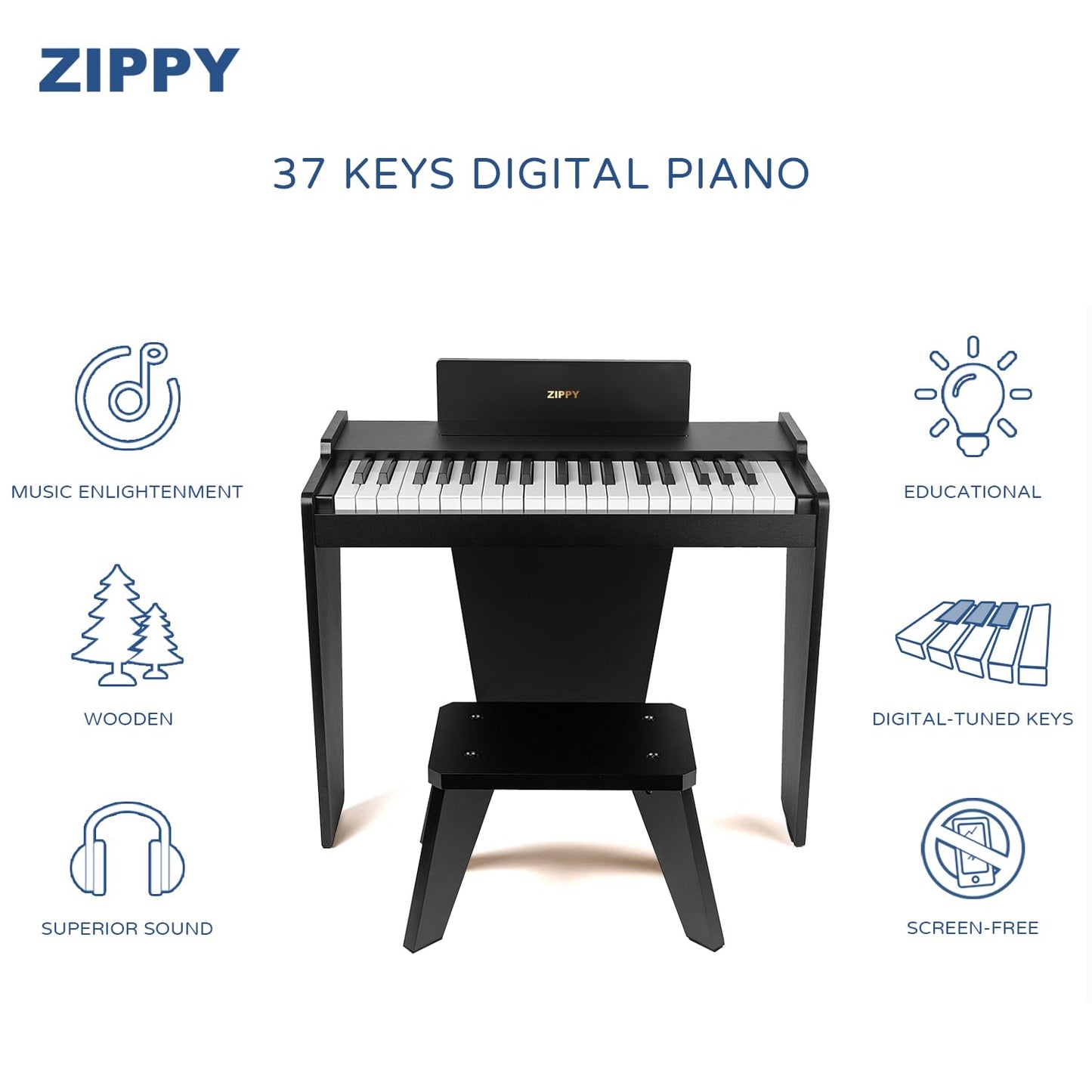 ZIPPY Kids Piano Keyboard, 37 Keys Digital Piano for Kids, Music Educational Instrument Toy, Wood Piano for 3+ Girls and Boys (Black Basic)