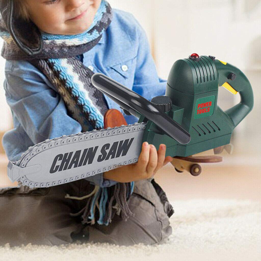Kids Electric Chainsaw Toy Tool Pretend Play Set with Safety Goggles, Work Gloves | Rotating Chain and Realistic Sound Effects