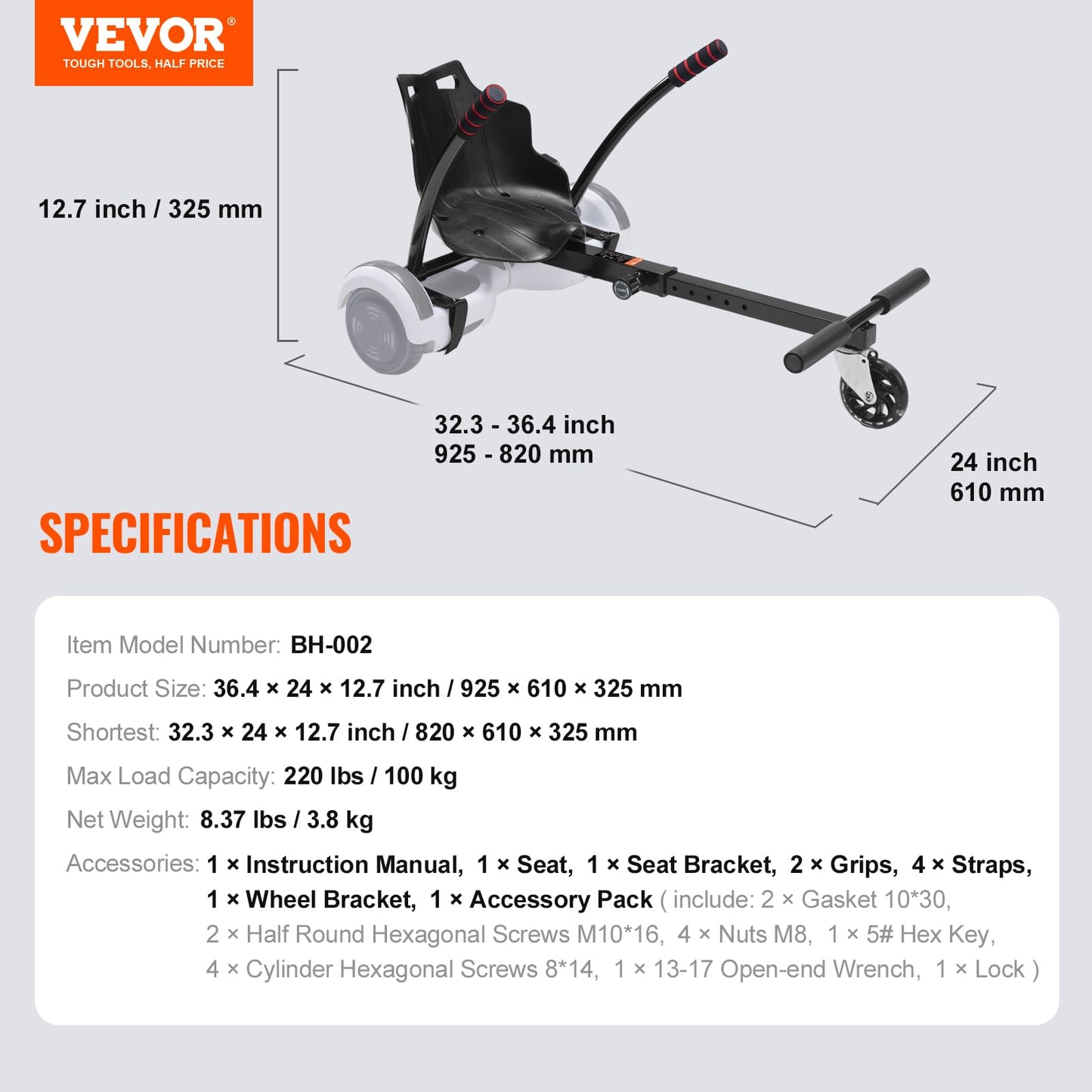 VEVOR Hoverboard Seat Attachment with LED Lights, for 6.5" 8" 8.5" 10" Hoverboards, Adjustable Frame & Grips Control, 220 LBS Load Capacity, Hoverboard Go Karts Accessory for Kids and Adults