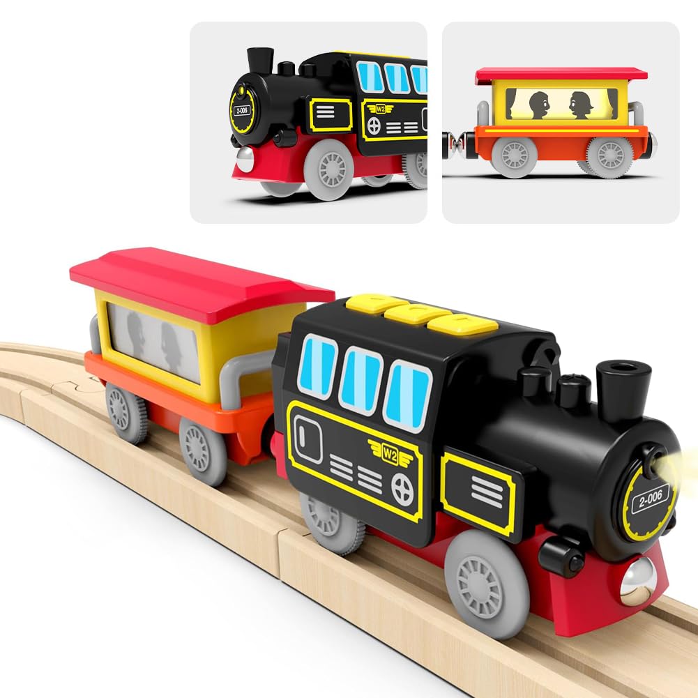TOPLIVING Motorized Train Toys for Toddlers, Battery Operated Locomotive Train for Wooden Tracks, Trains Accessories Compatible with Thomas, Brio, Chuggington, Melissa and Doug (Battery Not Included)