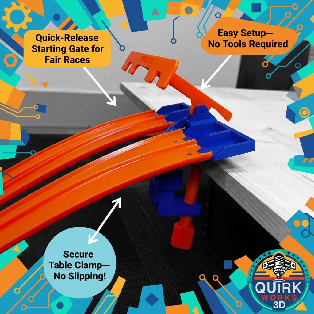 Monster Truck Track Clamp with 4 Lane Start Gate (Track NOT Included) | Compatible with Hot Wheels Track (Blue/Orange) | Eco-Friendly PLA | Made in USA | Monster Truck Track Accessory