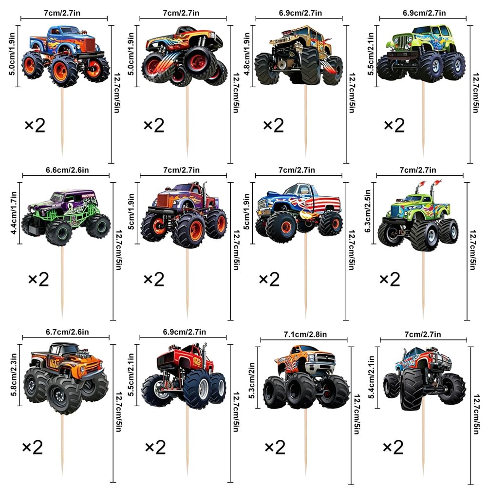 24 PCS Monster Truck Cupcake Toppers Truck Car Theme Birthday Party Decorations Racing Car Theme Birthday Decoration for Boys Girls Baby Shower Kids Cake Decorations Party Supplies
