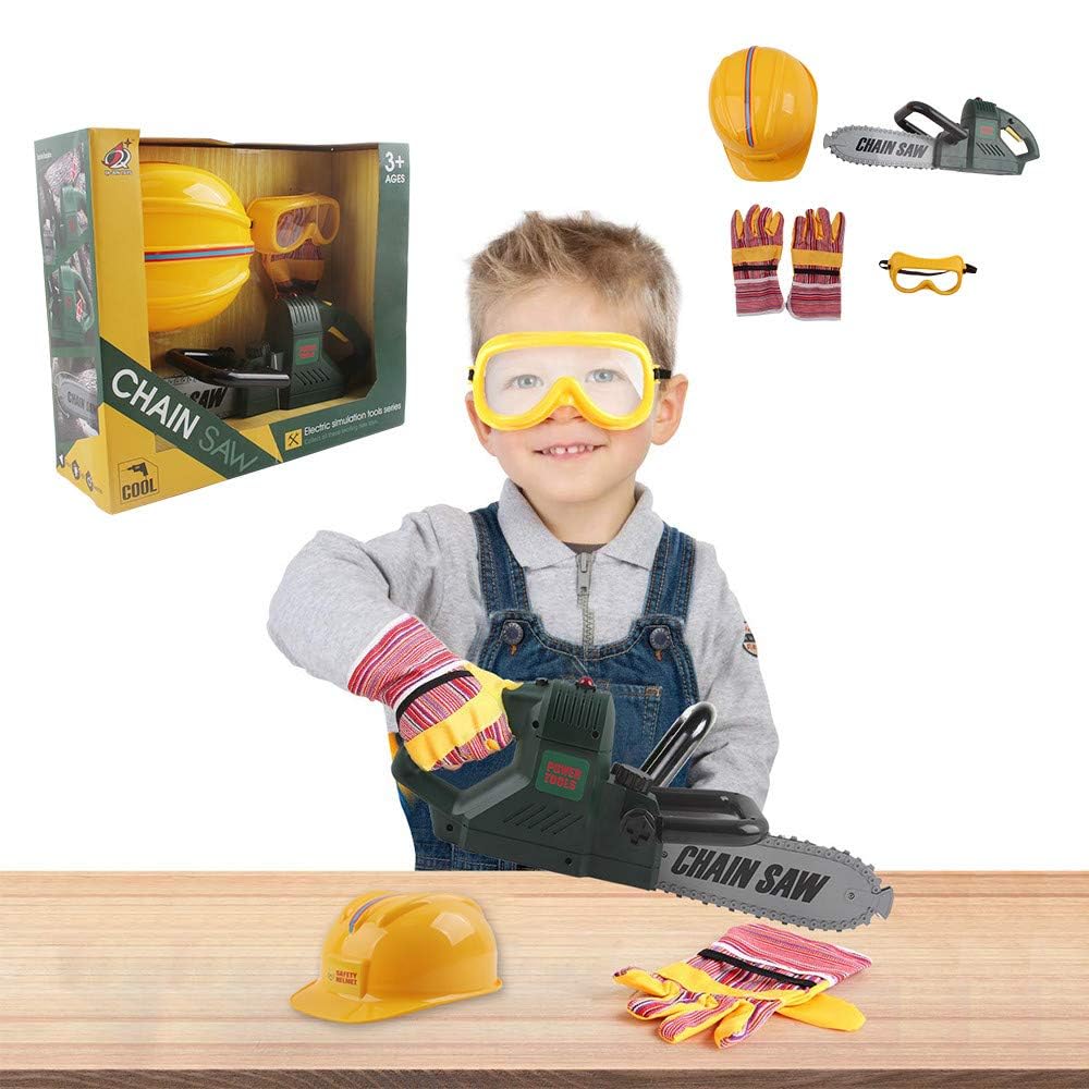 Kids Electric Chainsaw Toy Tool Pretend Play Set with Safety Goggles, Work Gloves | Rotating Chain and Realistic Sound Effects