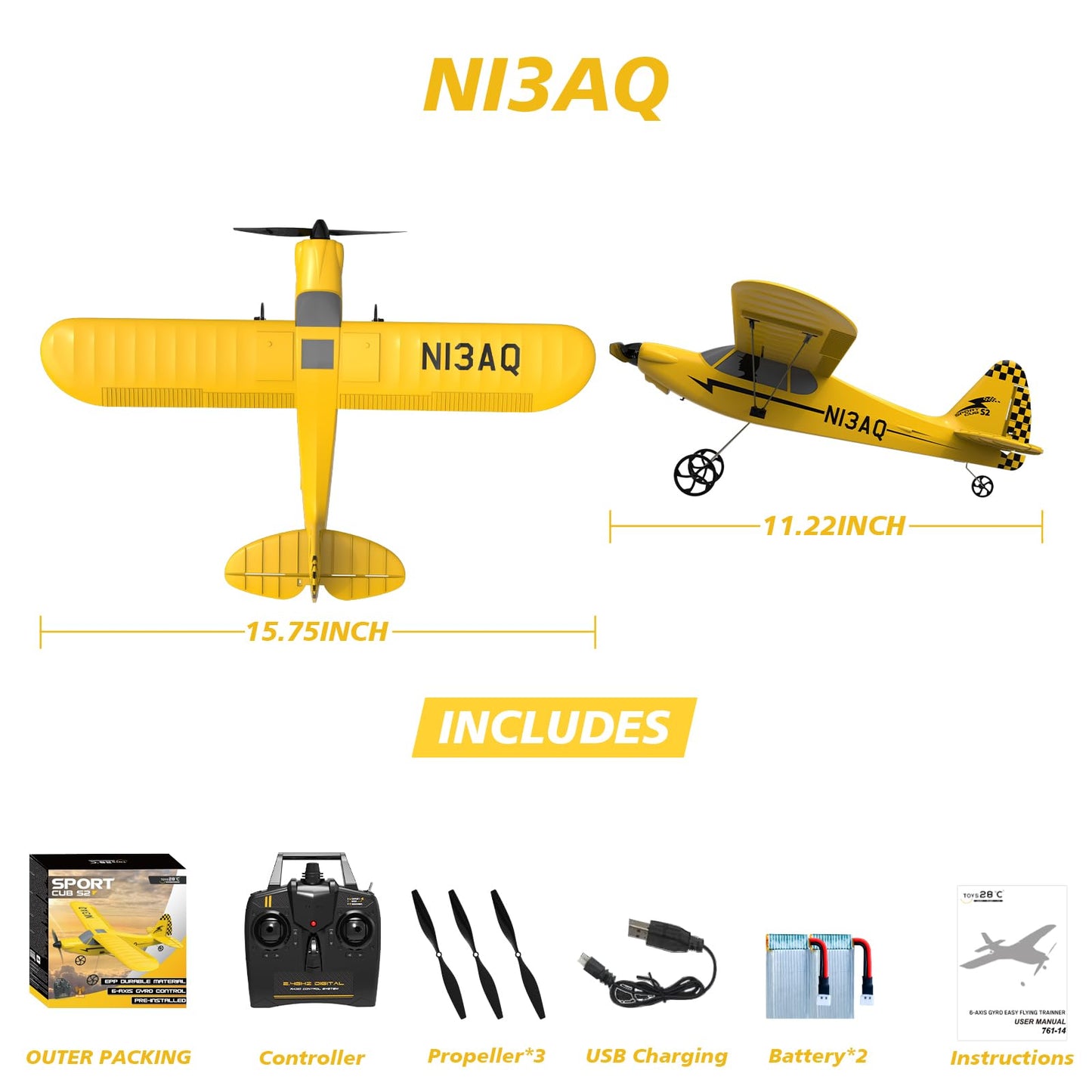 28℃ RC Plane 3 Channel Remote Control Airplane Trainer Sport Cub S2 with Propeller Saver&Xpilot Stabilization System,One-Key U-Turn Easy to Fly for Beginners, Kids, Adults, Yellow (761-14 RTF)