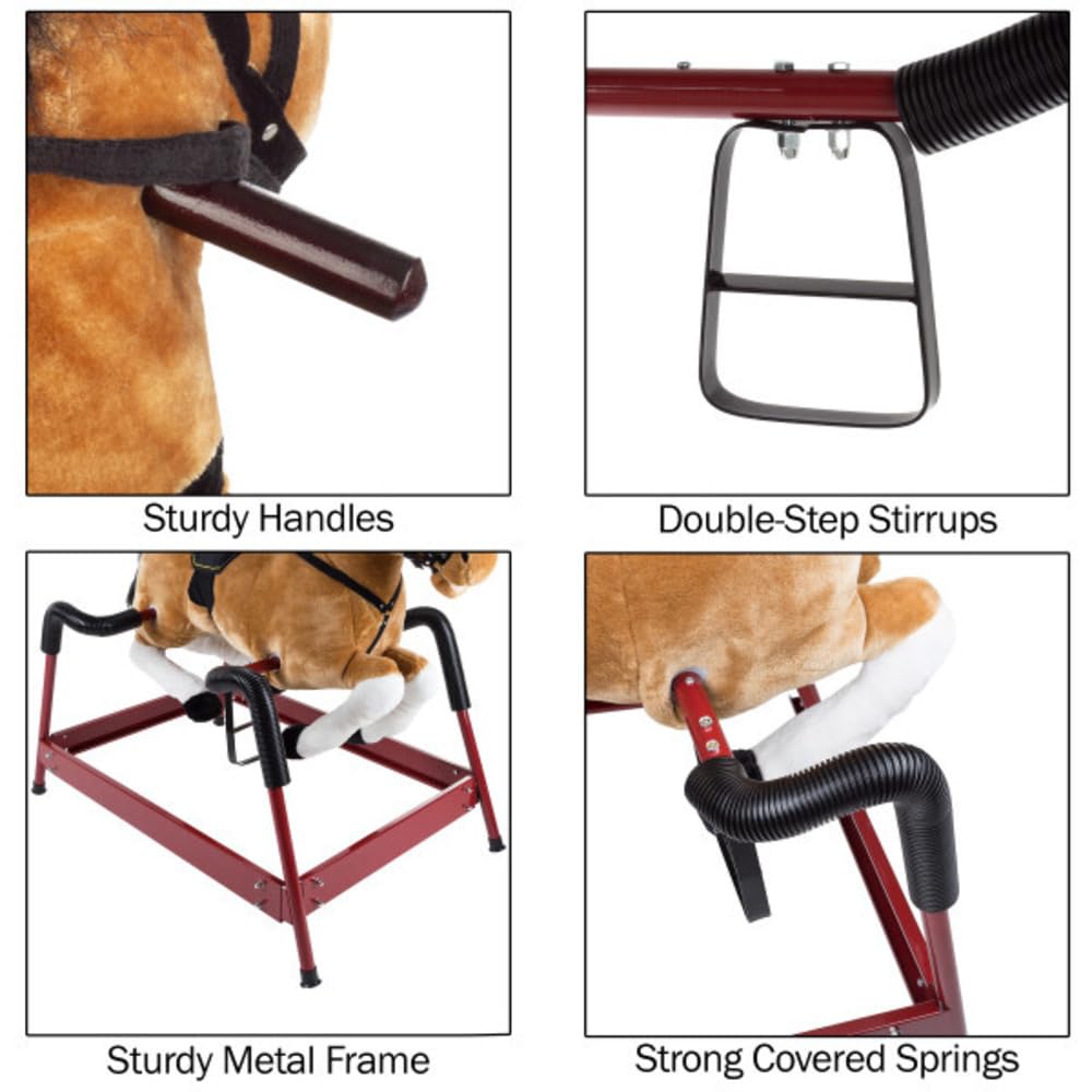 Spring Rocking Horse - Plush Bouncy Ride-On Toy with Fun Sounds, Wood Handles, and Adjustable Stirrups for Kids Ages 3 to 6 by Happy Trails (Brown)