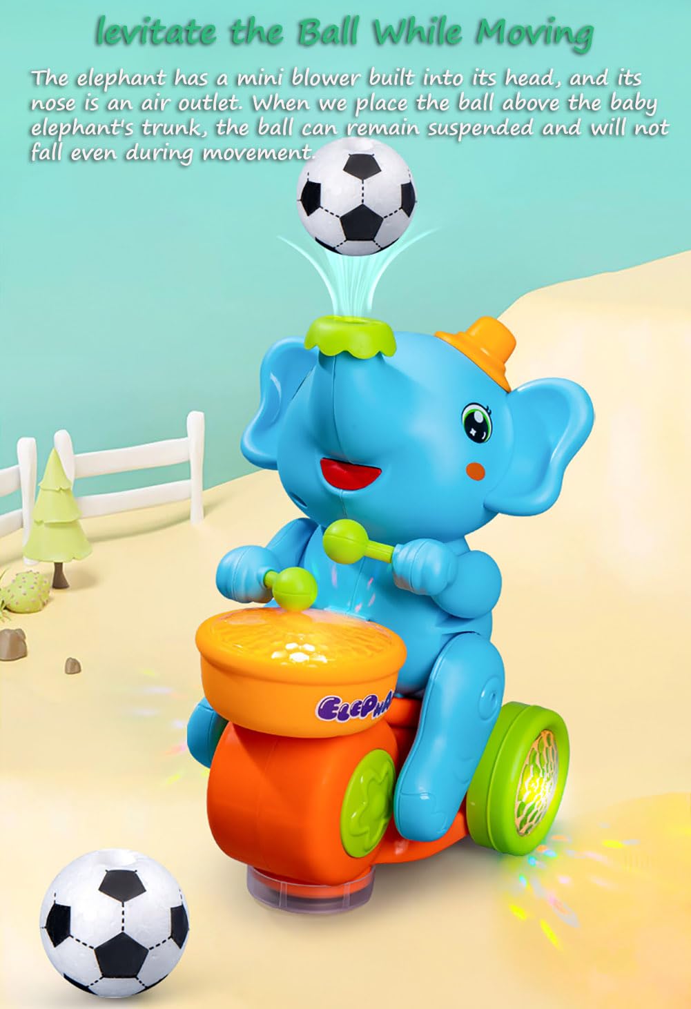 Miracland Drumming Elephant Car Toy, Multifunctional Musical Toy with Blow Floating Ball and Tricycle, Lights and Music, 2 Foam Balls (Blue)