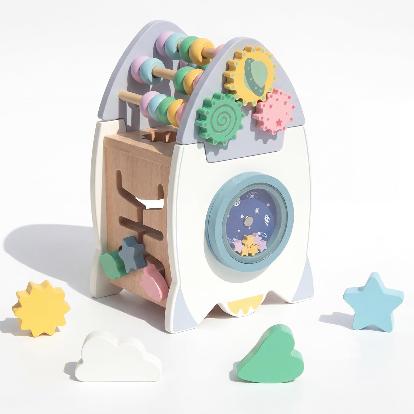 Wooden Space Toys for Baby, Wood Activity Cube Montessori Toys for 1 2 3 Years Old Boys Girls Birthday Gifts