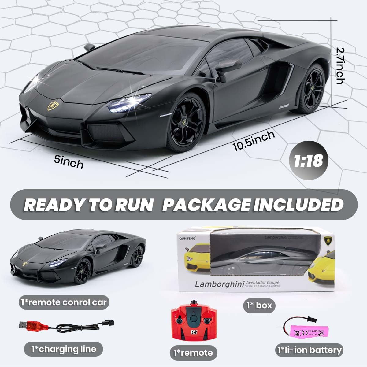 QUN FENG Official Licensed Lamo LP-700 1:18 Scale Remote Control Car for Kids 8-12 Years, RC Car with Rechargeable Battery 3.7V 500mAh, 2.4GHz Matte Black