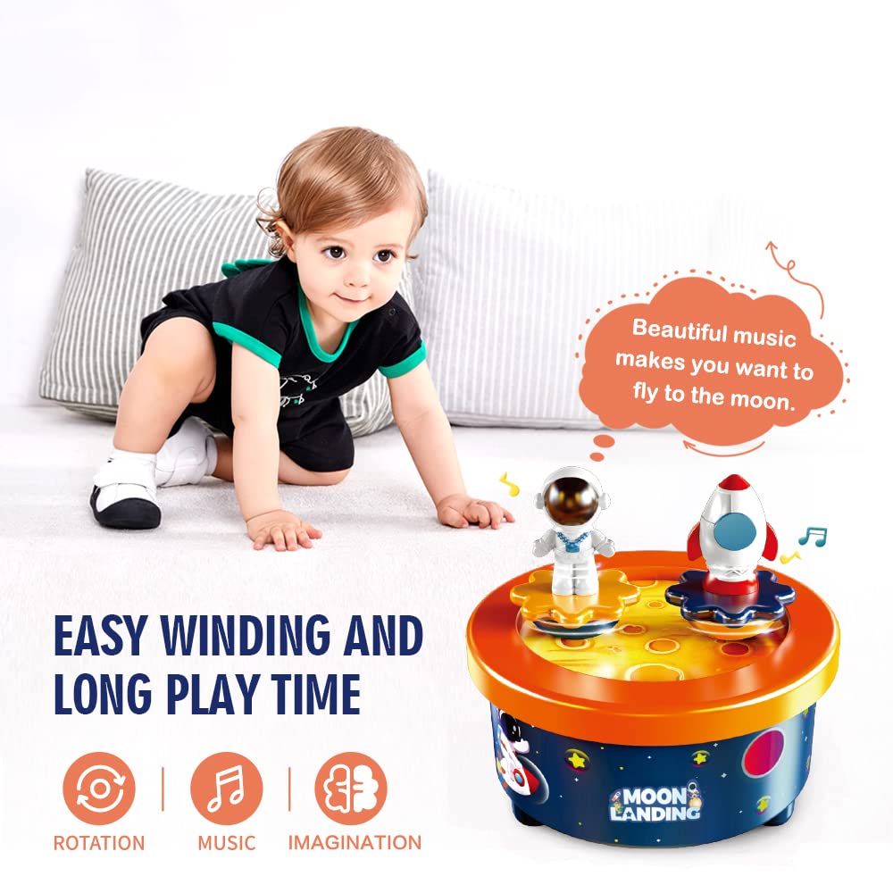 Moon Landing Music Box with Astronaut & Rocket Figures – Wind-Up Musical Space Toy Plays “Fly Me to the Moon” – Spinning Cake Topper Decoration – 4+ Minute Playtime – Birthday Gift for Kids & Adults
