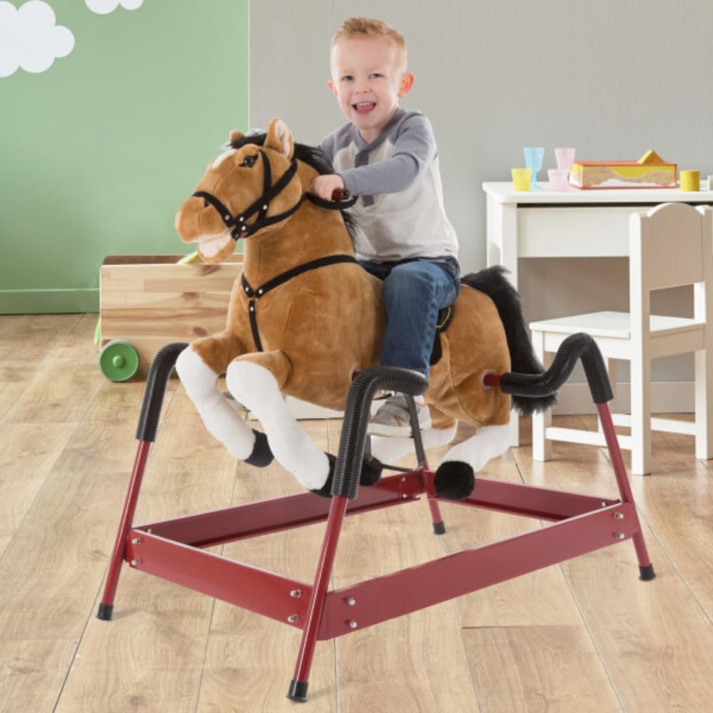 Spring Rocking Horse - Plush Bouncy Ride-On Toy with Fun Sounds, Wood Handles, and Adjustable Stirrups for Kids Ages 3 to 6 by Happy Trails (Brown)