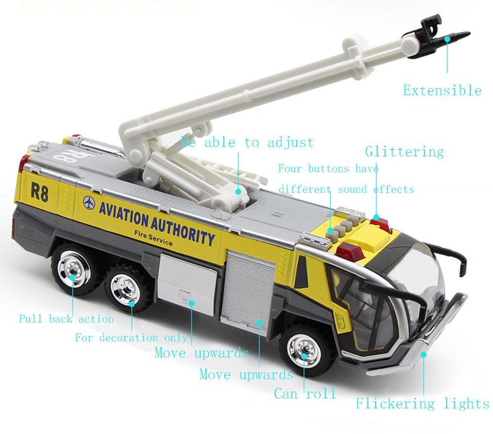 Ailejia Airport Fire Trucks Toy for Boys Fire Engine Toys Fire Engine Pullback Friction Toy Airport Rescue Diecast Vehicle Model (Yellow)