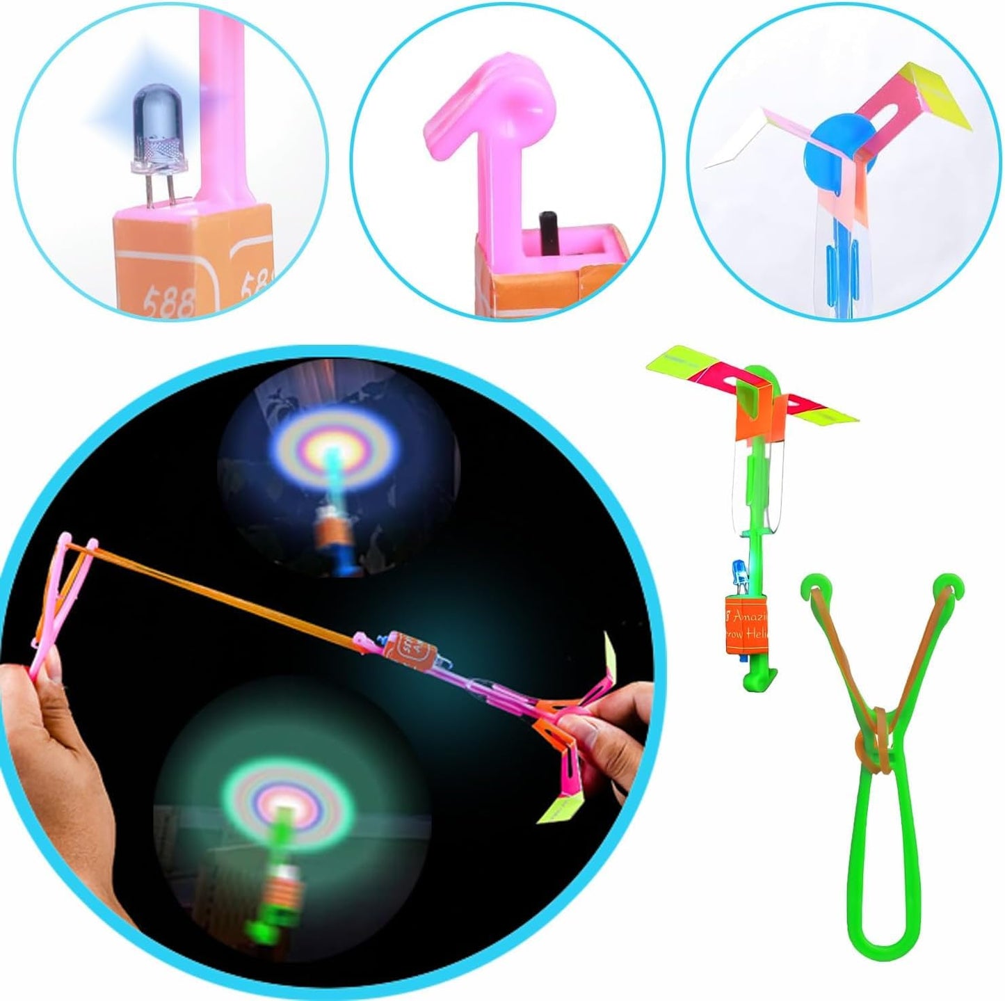 Krcilcuk 50 Sets LED Flying Set, 25 Slingshot + 25 Glow Helicopter, Glow in The Dark Party Favors for Kids, Outdoor Game Toys Party Supplies Gifts Bulk