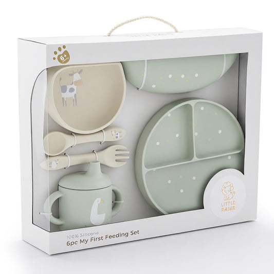 Little Rawr Baby Led Weaning Bundle, 100% Silicone Baby Feeding Set Includes Divided Plate, Suction Bowl, Straw Cup, Bib, Spoon & Fork, Develops Self Feeding Skills, Dishwasher Safe (Green)