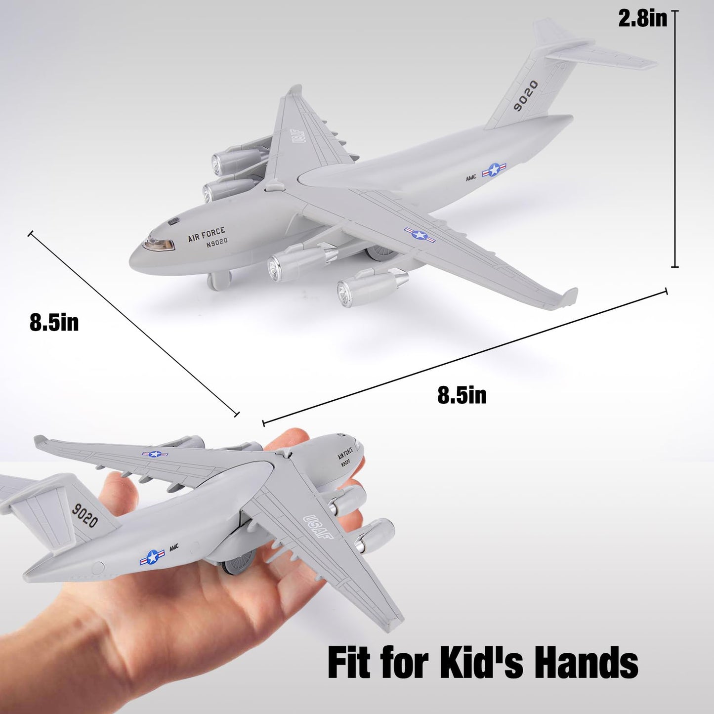 Crelloci Air Force Diecast Plane Toy with Lights & Sounds Pull Back, Grey Metal Military Model Airplane, Army Aircraft Fighter Toy, Play Vehicle for Kids Boys Toddlers Ages 3+